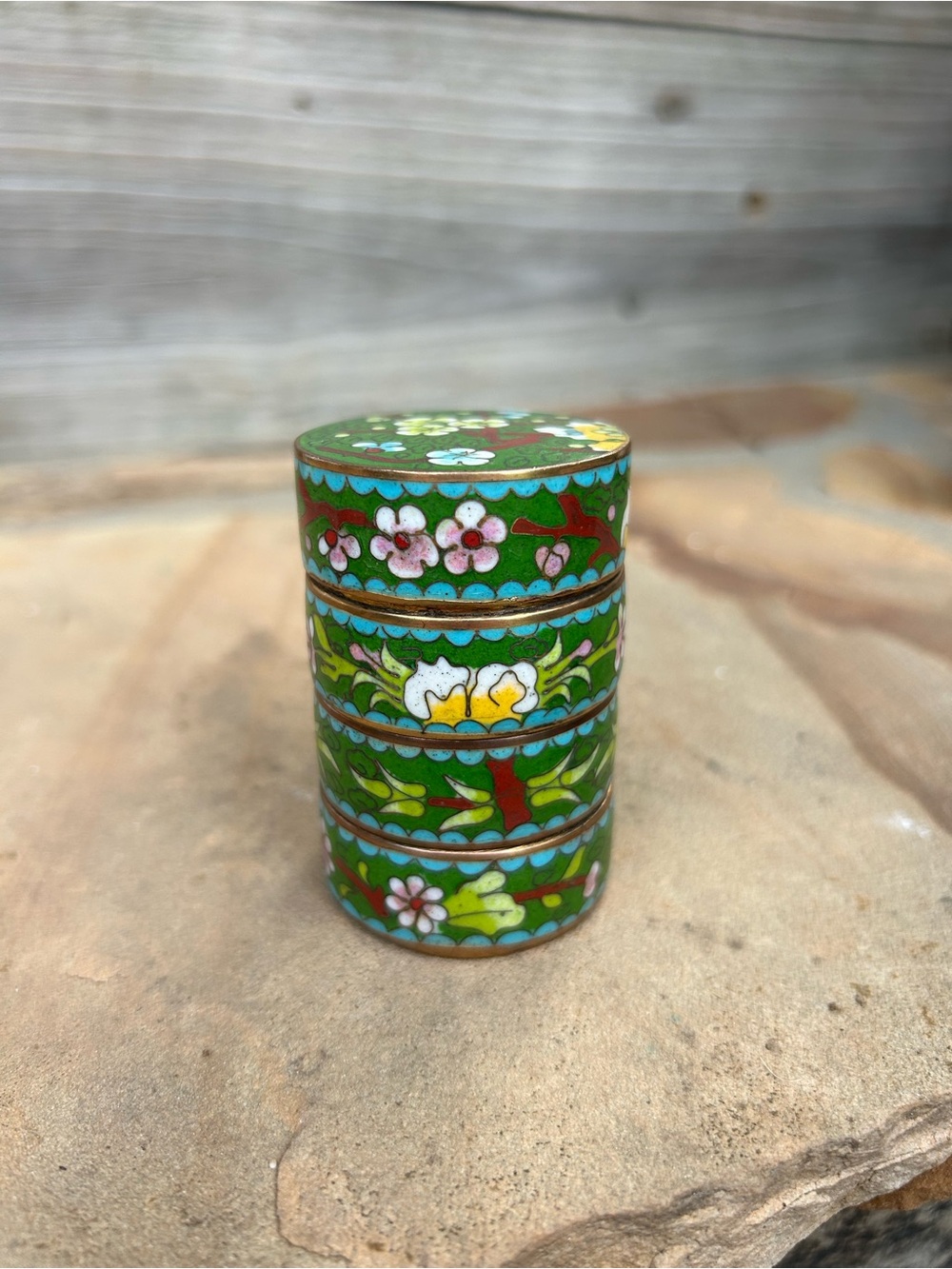 Green Floral Cloisonné Stackable Pill Box - Decorative Home Art